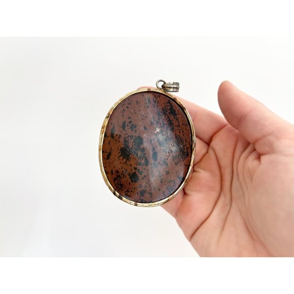 Mahogany Obsidian Oval Crystal Shaped Large Silver Toned Vintage Pendant - Picture 8 of 12